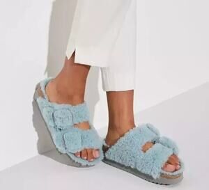 Birkenstock Papillo NWT Blue Shearling Arizona Big Buckle 37 EU 6.5 US Narrow